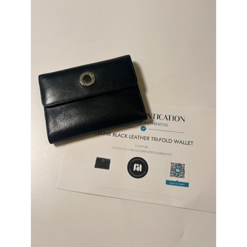 1990s Vintage CELINE Black Leather Circle Logo Wallet Tri-Fold Authenticated 90s